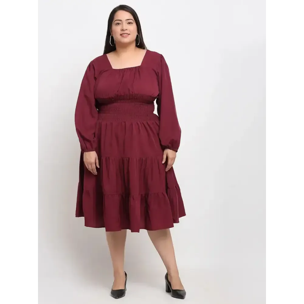 Stylish Maroon Crepe Solid Knee Length Dresses For Women