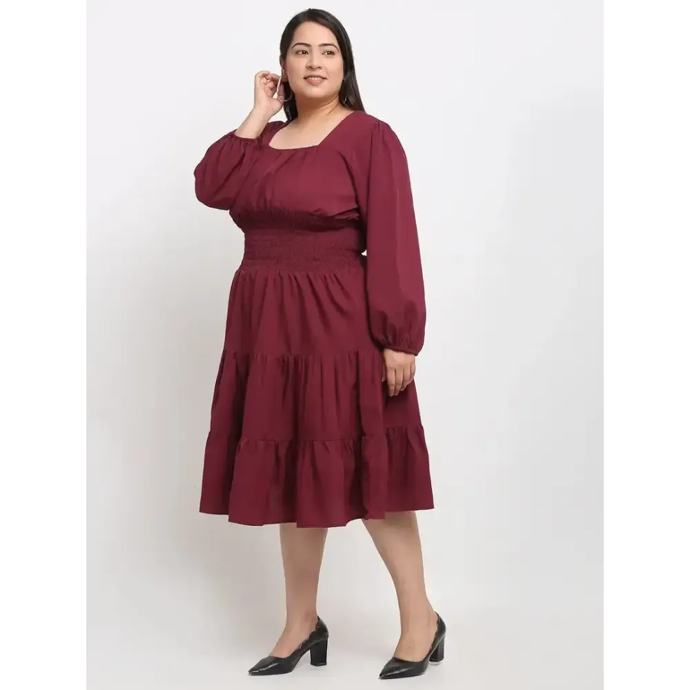 Stylish Maroon Crepe Solid Knee Length Dresses For Women