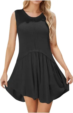 Summer Crew Neck Knit Smock Dresses for Women Plus Size Ruffle Mini Beach Dress