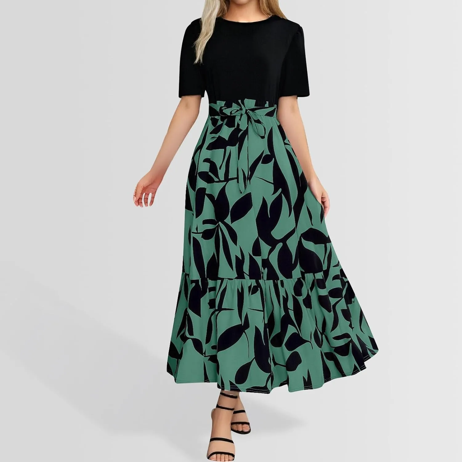 Summer Dresses for Women 2025 Floral Boho Wrap Short Sleeve Maxi Dress Patchwork Ruffle Hem A Line Vacation Dresses