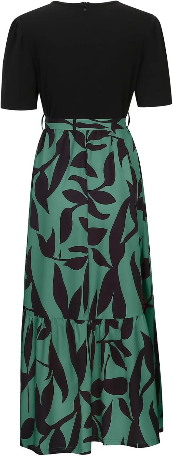 Summer Dresses for Women 2025 Floral Boho Wrap Short Sleeve Maxi Dress Patchwork Ruffle Hem A Line Vacation Dresses