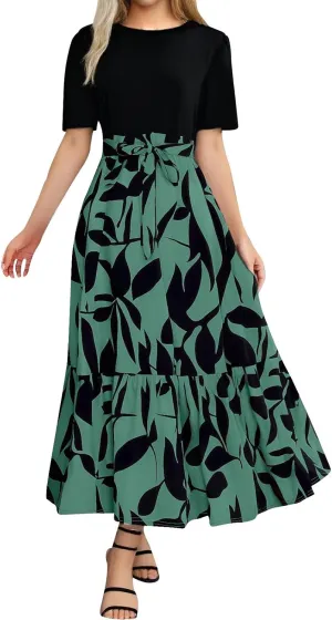 Summer Dresses for Women 2025 Floral Boho Wrap Short Sleeve Maxi Dress Patchwork Ruffle Hem A Line Vacation Dresses
