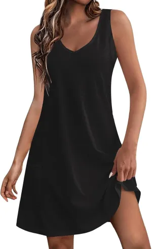 Summer Dresses for Women 2025 Sexy V Neck Mini Dress Sleeveless Tank Dress Loose Fit Sundresses with Pockets