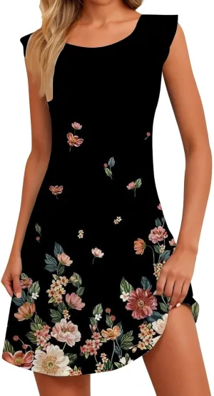 Summer Dresses for Women 2025 Sundresses Sleeveless Beach Cover Ups Spring Casual Loose Print Tank Tshirt Sun Dress