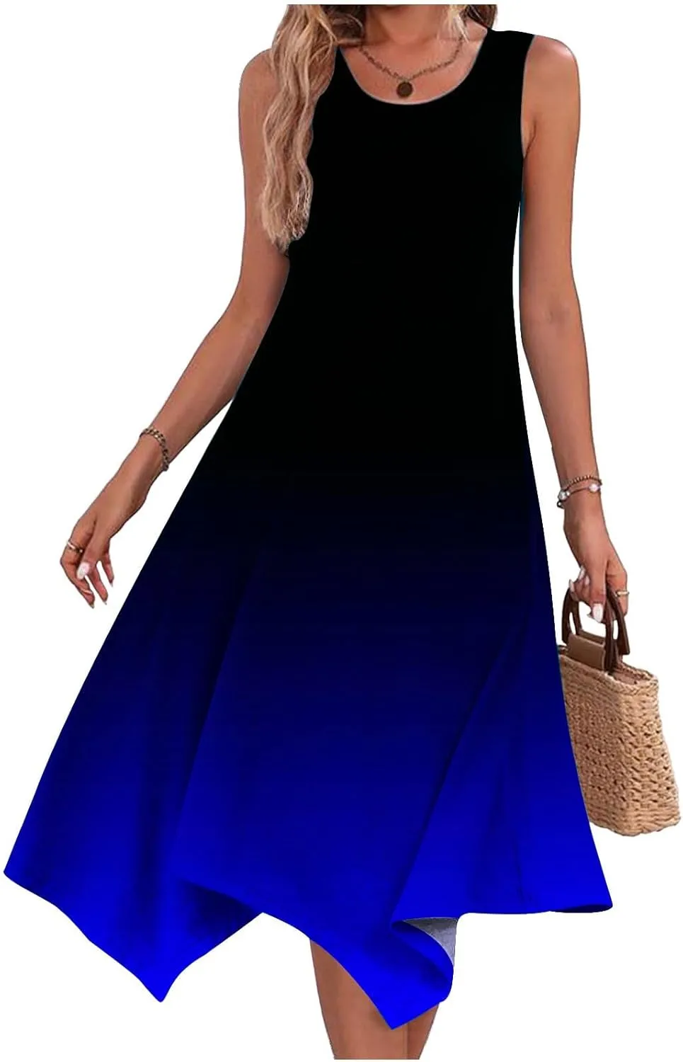 Summer Dresses for Women Casual Sleeveless Tank Dress Knee-Length U-Neck Tie Dye Print Sundress Beach Boho Midi-Dresses