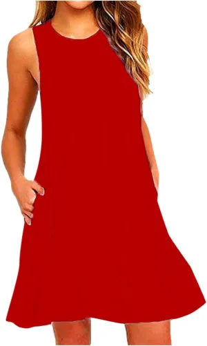 Summer Dresses for Women Sleeveless A-Line Beach Sundress Loose Casual Tank Dresses Tshirt Dress with Pockets