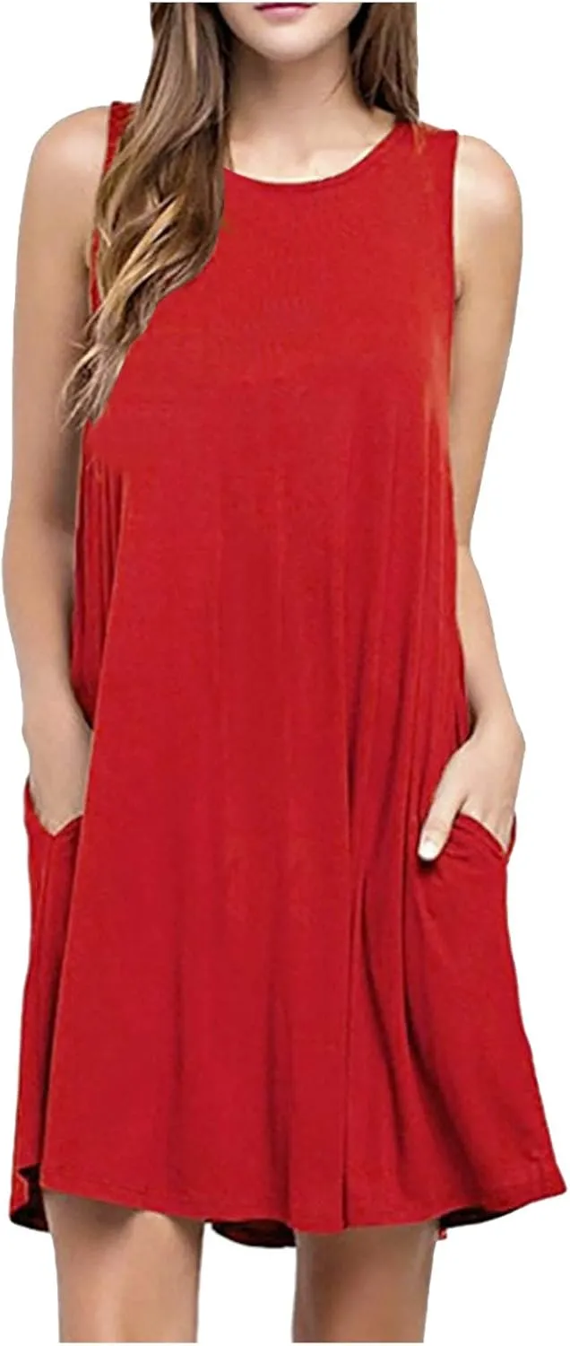 Summer Dresses for Women Sleeveless A-Line Beach Sundress Loose Casual Tank Dresses Tshirt Dress with Pockets