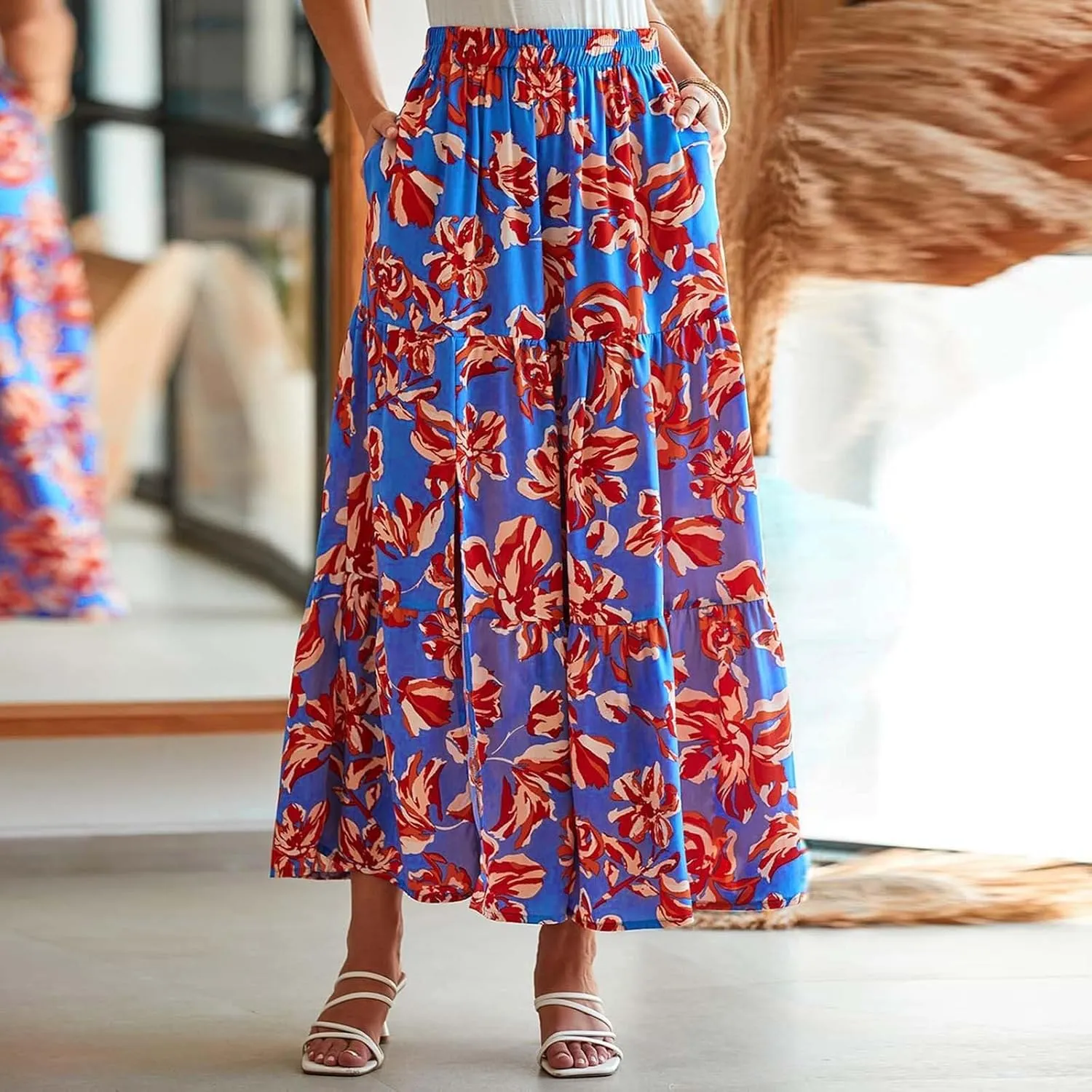Summer Floral Print Midi Skirt for Women Tiered Long Skirt Elastic High Waist Pleated Skirts Casual Side Split Trendy Skirts