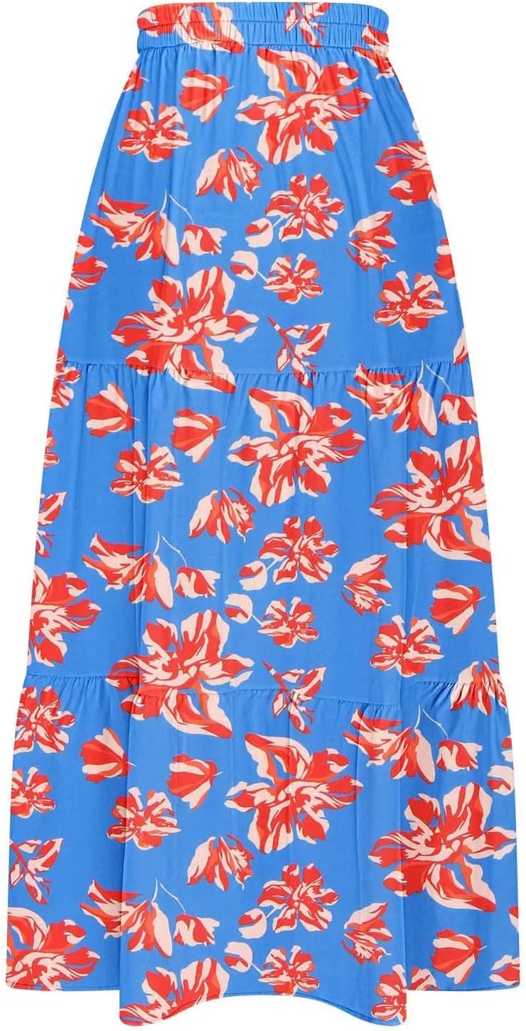 Summer Floral Print Midi Skirt for Women Tiered Long Skirt Elastic High Waist Pleated Skirts Casual Side Split Trendy Skirts