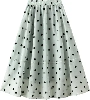 Summer Mesh Midi Skirts for Women Elastic Waist Polka Dot Printed Pleated Skirt Casual Cute Puffy Knee Length Skirts