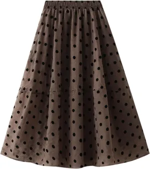 Summer Mesh Midi Skirts for Women Elastic Waist Polka Dot Printed Pleated Skirt Casual Cute Puffy Knee Length Skirts