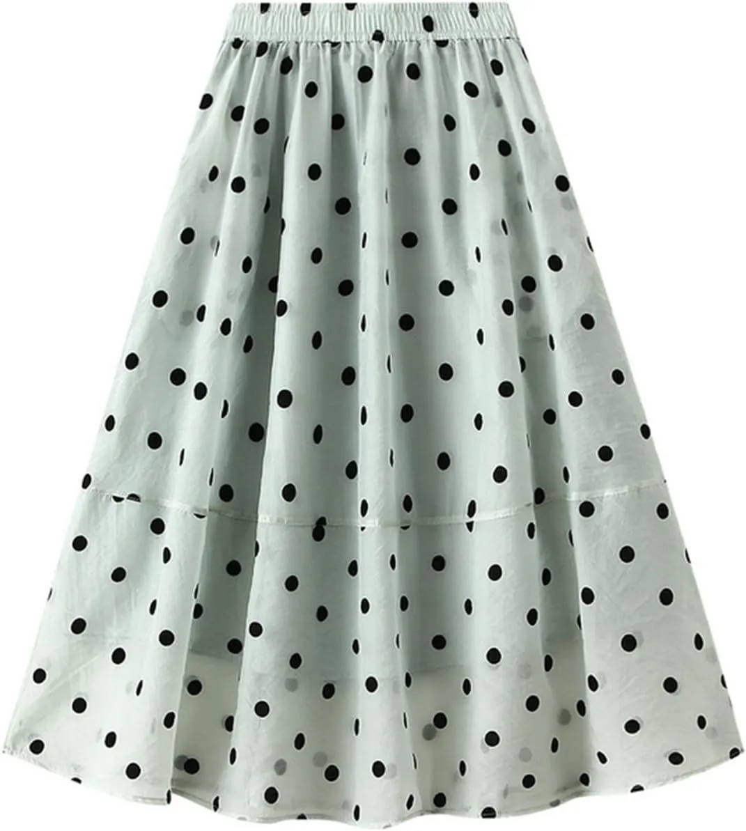 Summer Mesh Midi Skirts for Women Elastic Waist Polka Dot Printed Pleated Skirt Casual Cute Puffy Knee Length Skirts