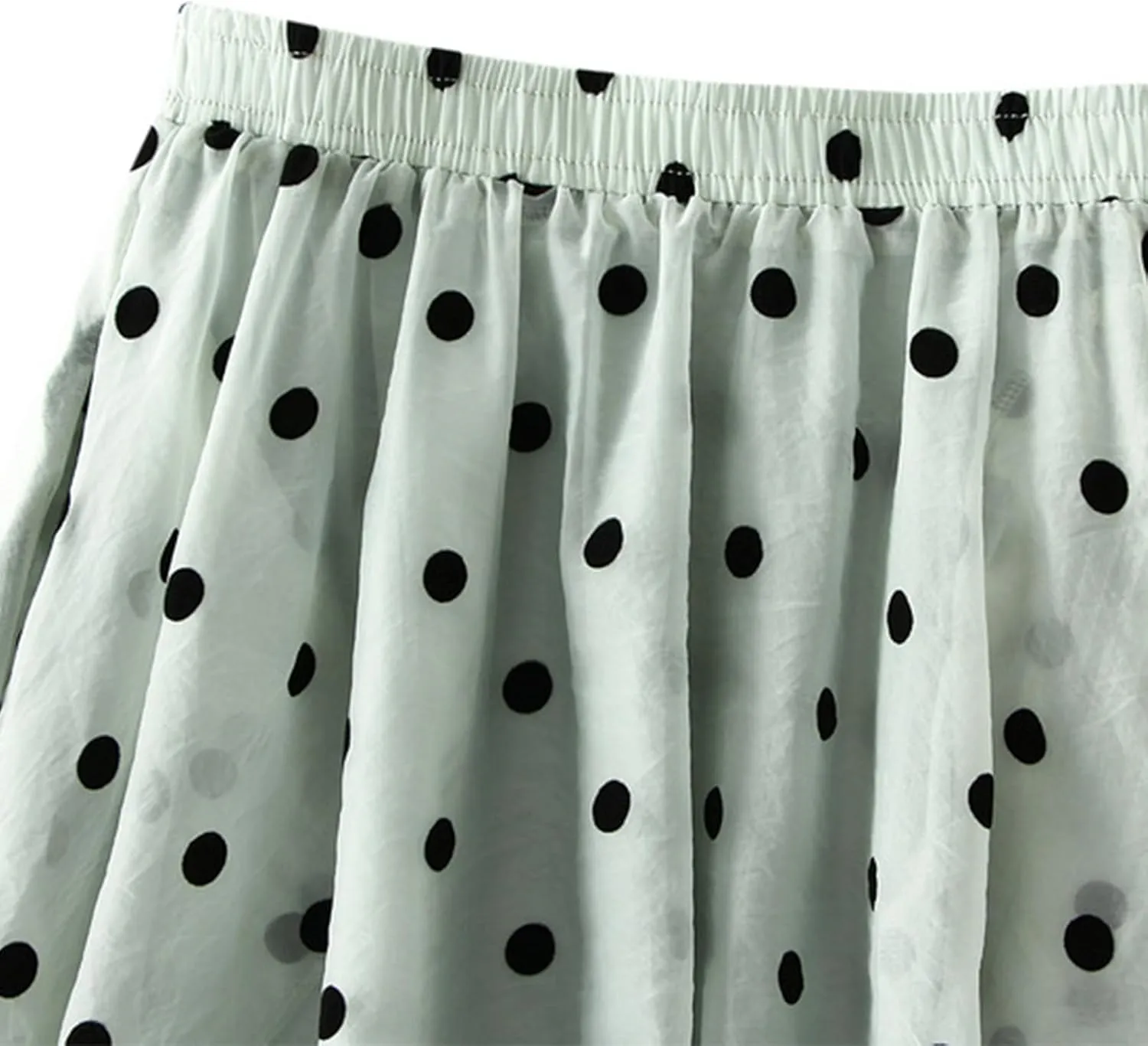 Summer Mesh Midi Skirts for Women Elastic Waist Polka Dot Printed Pleated Skirt Casual Cute Puffy Knee Length Skirts