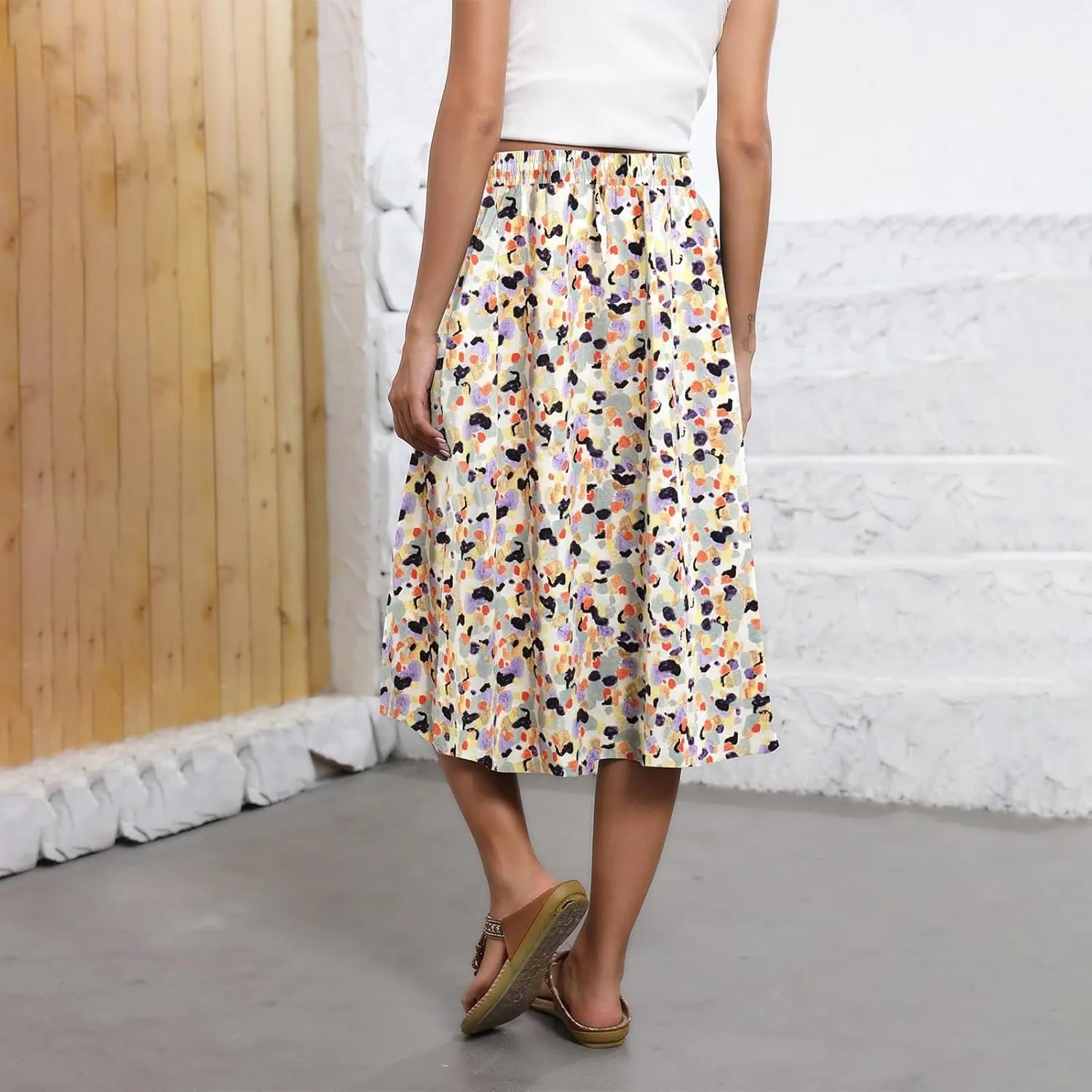 Summer Skirts for Women 2025 Midi Length Boho Floral Elastic High Waist Pleated A Line Skirts with Pockets Beach Coverups