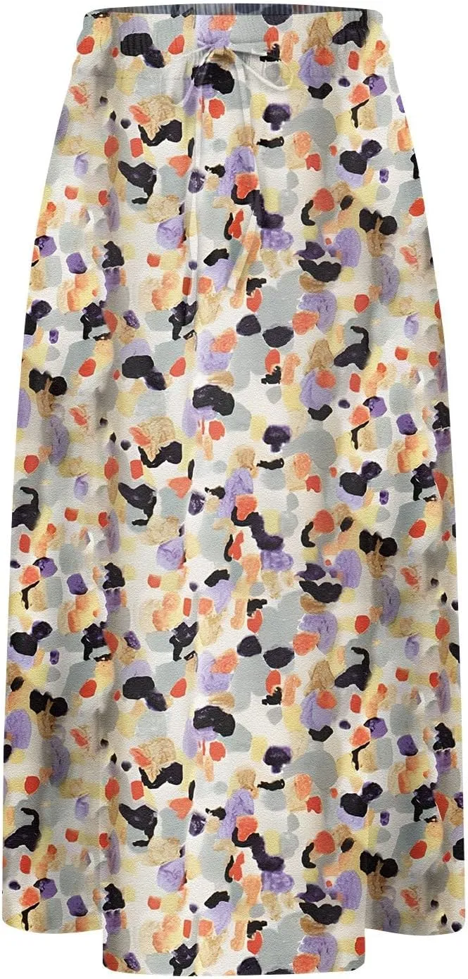 Summer Skirts for Women 2025 Midi Length Boho Floral Elastic High Waist Pleated A Line Skirts with Pockets Beach Coverups