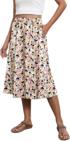 Summer Skirts for Women 2025 Midi Length Boho Floral Elastic High Waist Pleated A Line Skirts with Pockets Beach Coverups