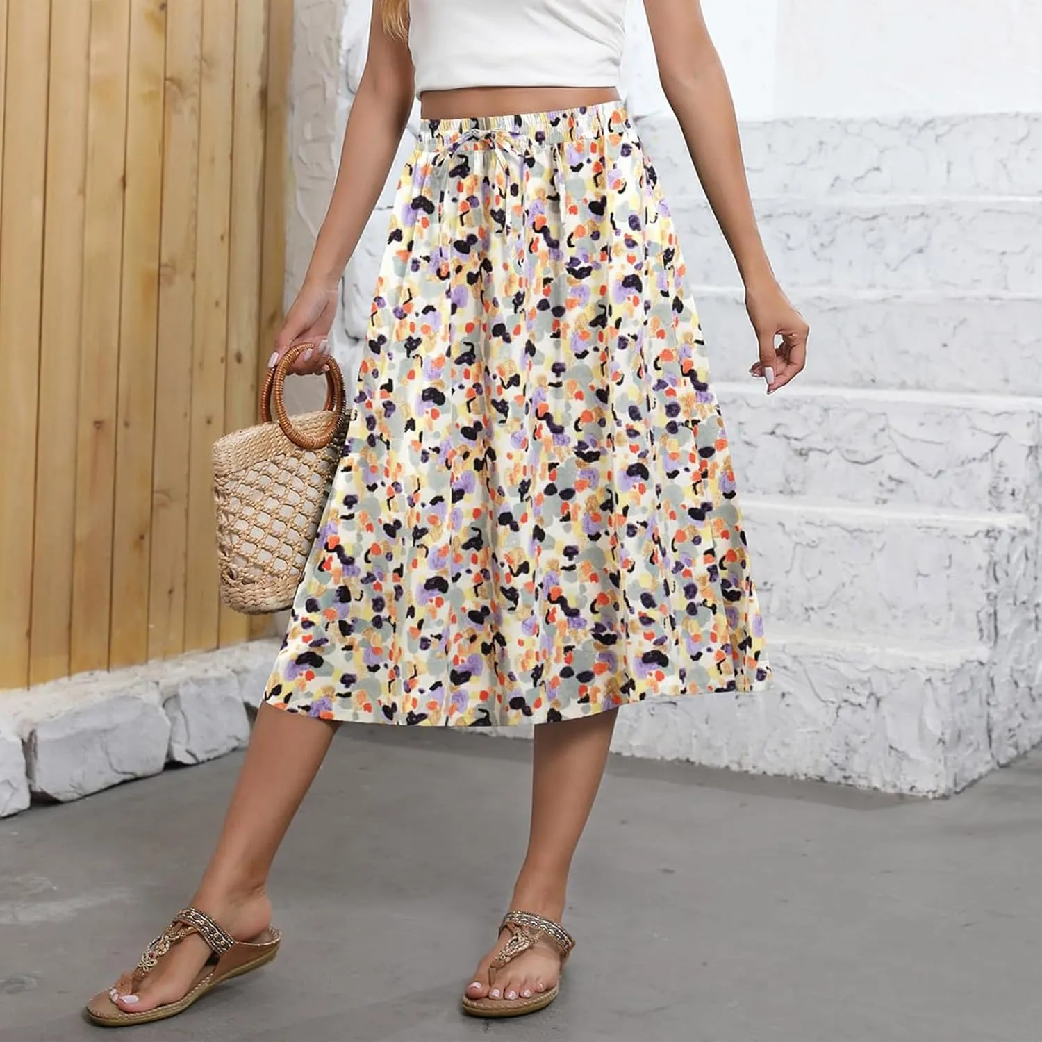 Summer Skirts for Women 2025 Midi Length Boho Floral Elastic High Waist Pleated A Line Skirts with Pockets Beach Coverups