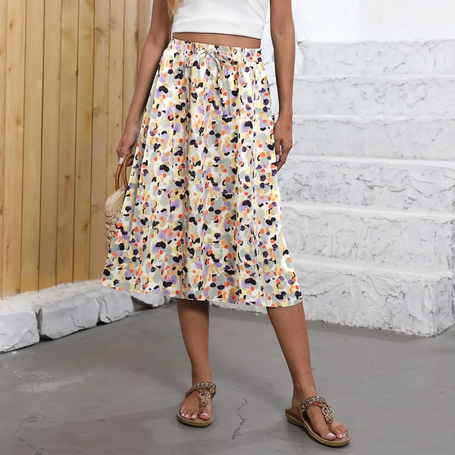 Summer Skirts for Women 2025 Midi Length Boho Floral Elastic High Waist Pleated A Line Skirts with Pockets Beach Coverups