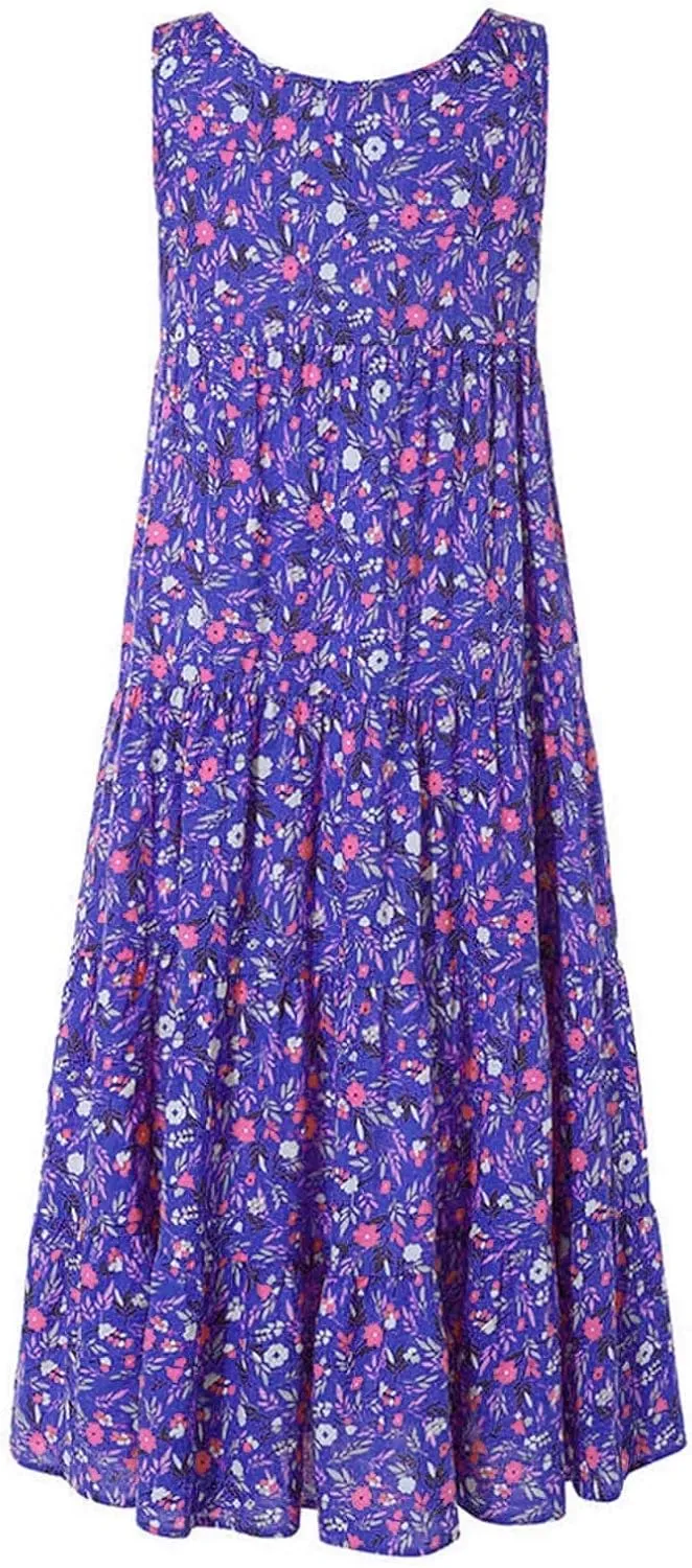 Summer Tank Dress for Women Sleeveless Cotton Linen Sundress Boho Floral Tiered Maxi Dress Plus Size Loose Beach Dress