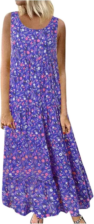 Summer Tank Dress for Women Sleeveless Cotton Linen Sundress Boho Floral Tiered Maxi Dress Plus Size Loose Beach Dress