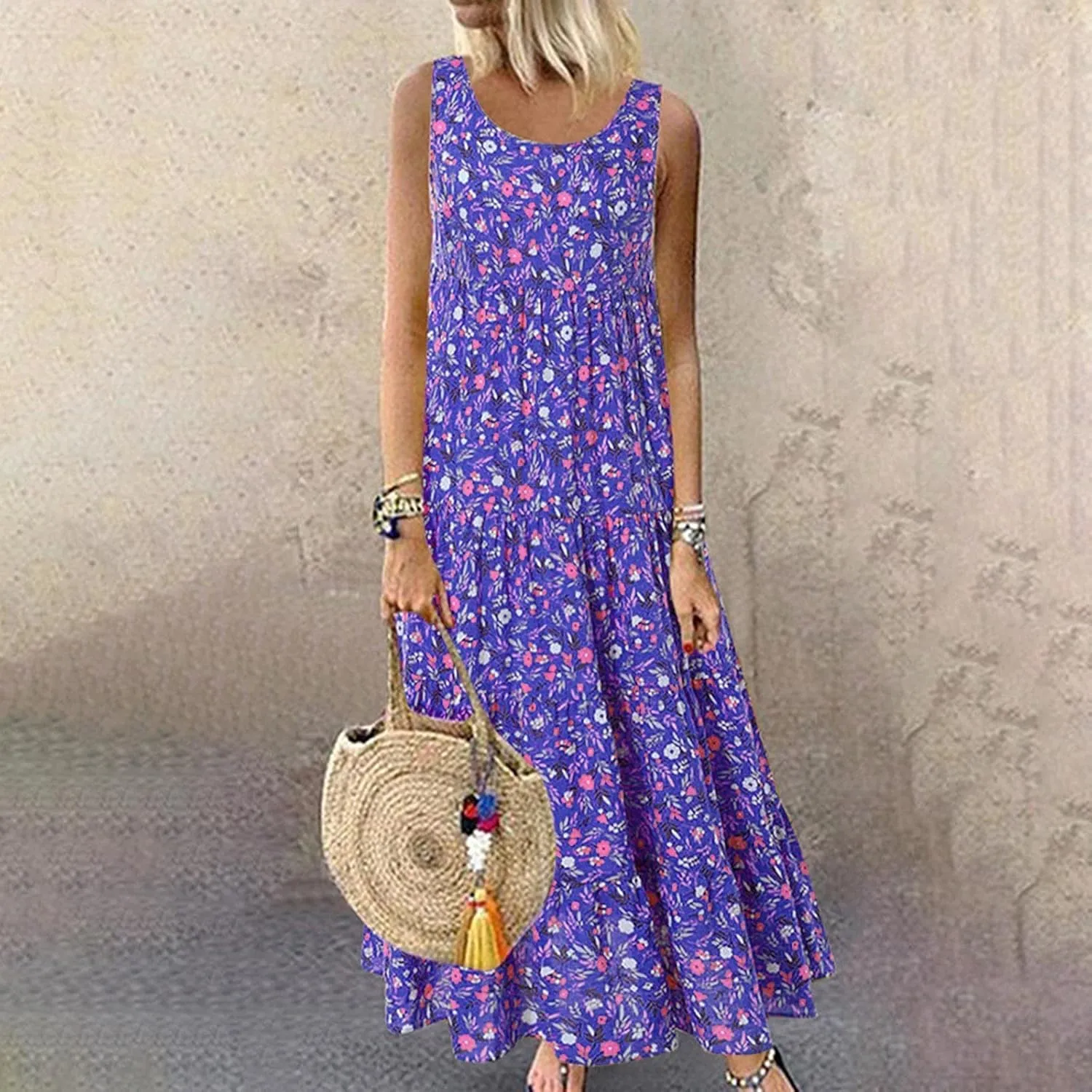 Summer Tank Dress for Women Sleeveless Cotton Linen Sundress Boho Floral Tiered Maxi Dress Plus Size Loose Beach Dress