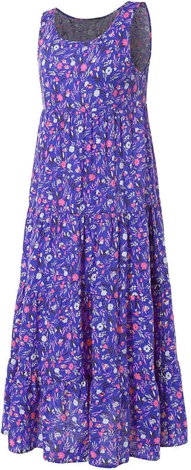 Summer Tank Dress for Women Sleeveless Cotton Linen Sundress Boho Floral Tiered Maxi Dress Plus Size Loose Beach Dress