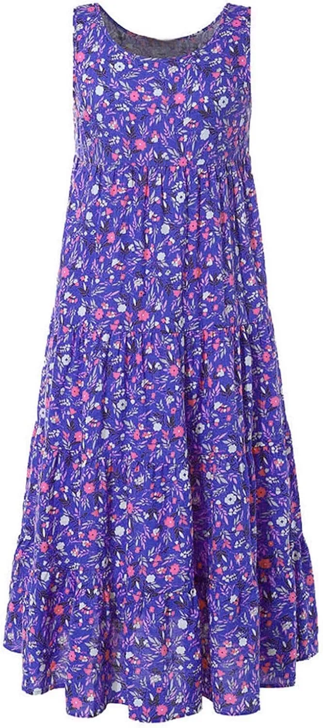 Summer Tank Dress for Women Sleeveless Cotton Linen Sundress Boho Floral Tiered Maxi Dress Plus Size Loose Beach Dress