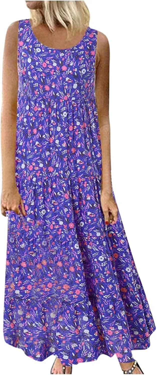 Summer Tank Dress for Women Sleeveless Cotton Linen Sundress Boho Floral Tiered Maxi Dress Plus Size Loose Beach Dress