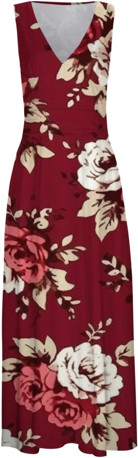 Sun Dresses for Women, Graphic Print Flowy Beach Dress, Spring Summer Casual Elegant Wrap V Neck Sleeveless Maxi Dresses