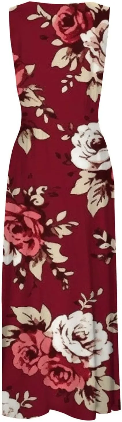 Sun Dresses for Women, Graphic Print Flowy Beach Dress, Spring Summer Casual Elegant Wrap V Neck Sleeveless Maxi Dresses