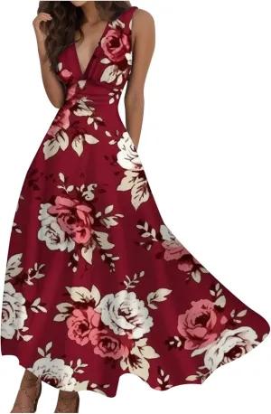 Sun Dresses for Women, Graphic Print Flowy Beach Dress, Spring Summer Casual Elegant Wrap V Neck Sleeveless Maxi Dresses