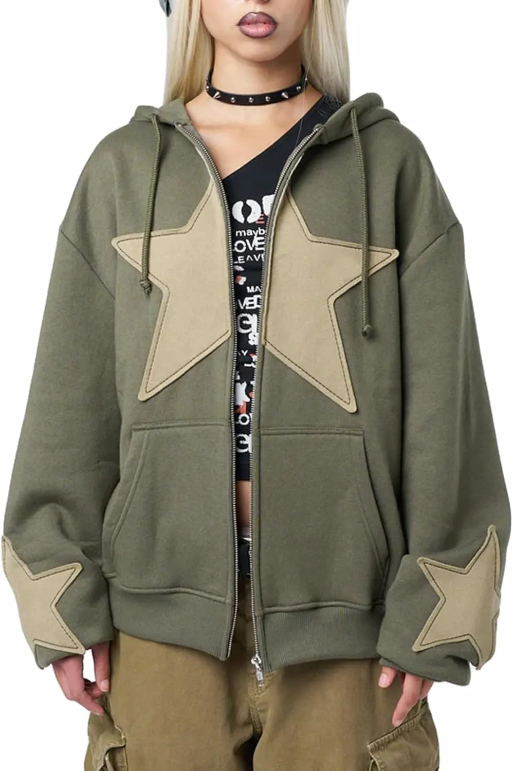 Sunwittafy Women Star Hoodie Y2k Zip Up Hoodies Long Sleeve Oversized Sweatshirt Vintage Punk Jacket Streetwear