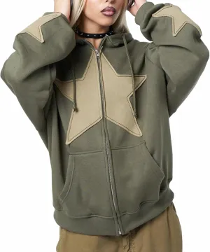 Sunwittafy Women Star Hoodie Y2k Zip Up Hoodies Long Sleeve Oversized Sweatshirt Vintage Punk Jacket Streetwear