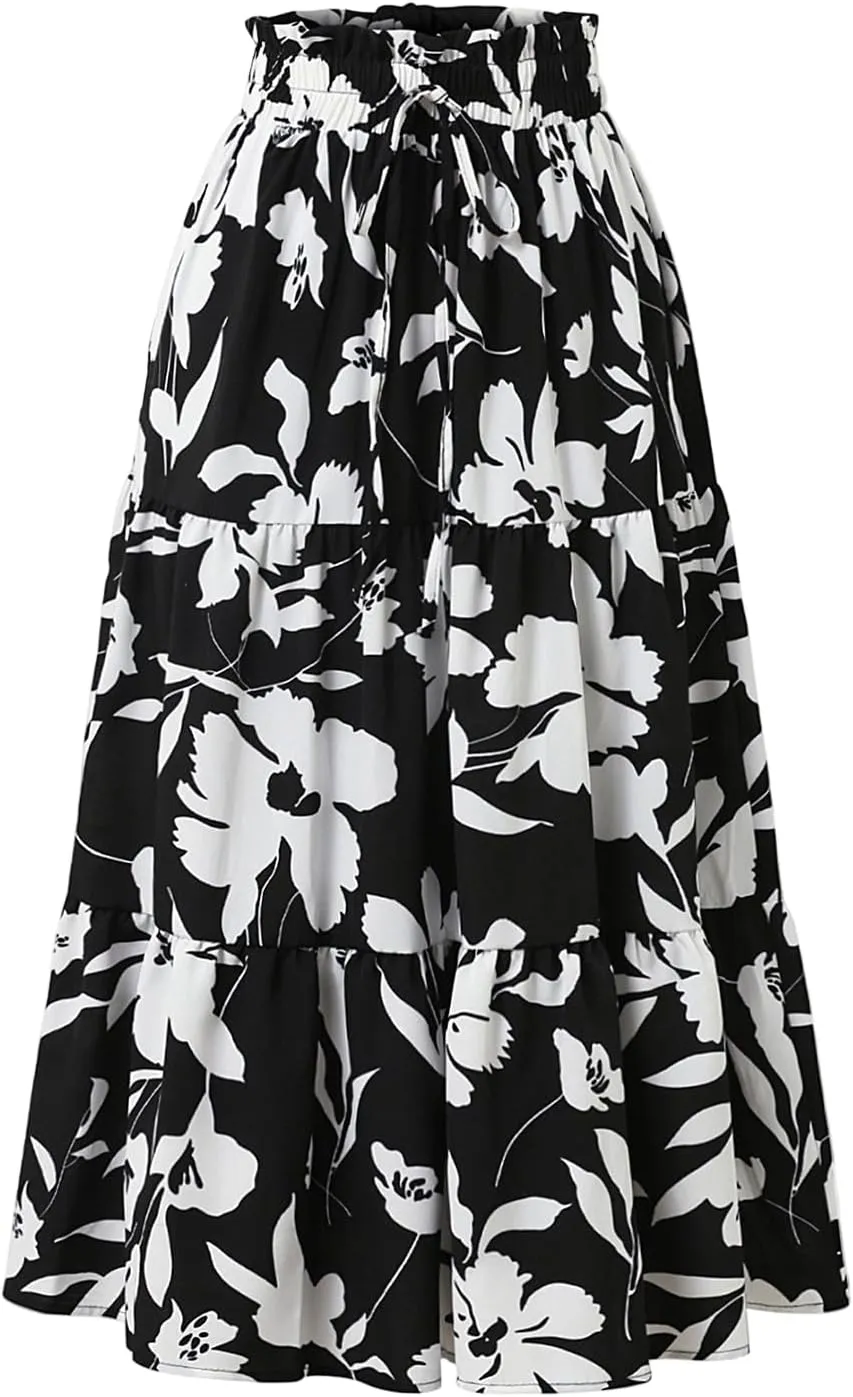 Tiered Maxi Skirts for Women Comfy Ruffle Hem Flowy Swing Elastic High Waisted Long Skorts Summer Cover Ups