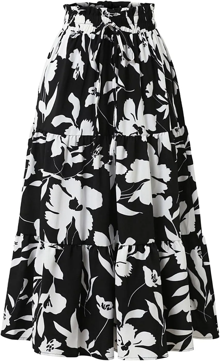 Tiered Maxi Skirts for Women Comfy Ruffle Hem Flowy Swing Elastic High Waisted Long Skorts Summer Cover Ups