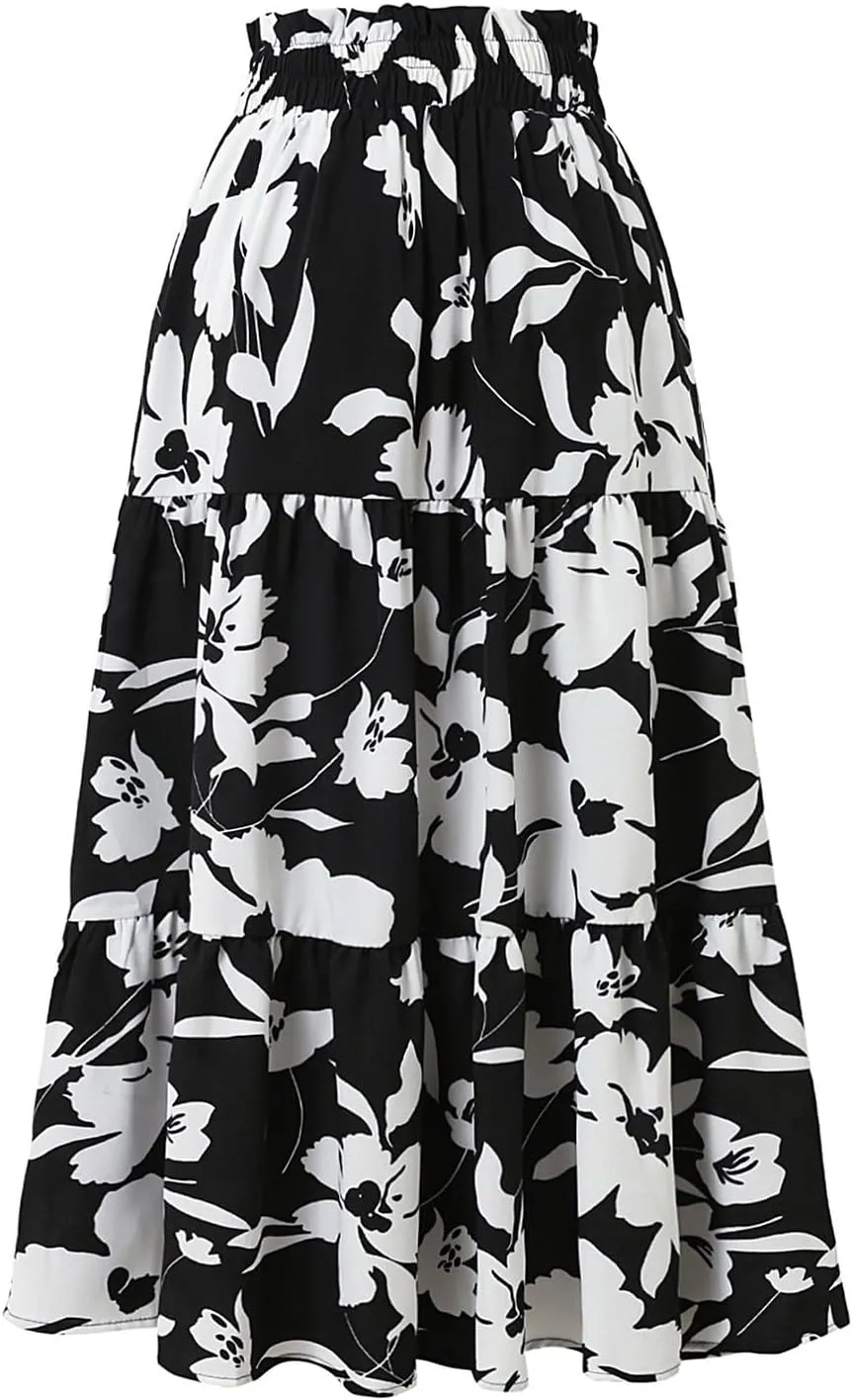 Tiered Maxi Skirts for Women Comfy Ruffle Hem Flowy Swing Elastic High Waisted Long Skorts Summer Cover Ups