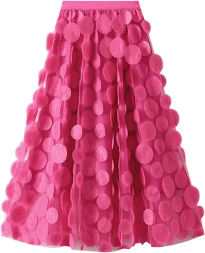 Tulle Skirt Women 3D Polka Dot Elastic Waist Mesh A-Line Midi Skirts Solid Color Fairy Party Clubwear Pleated Skirt