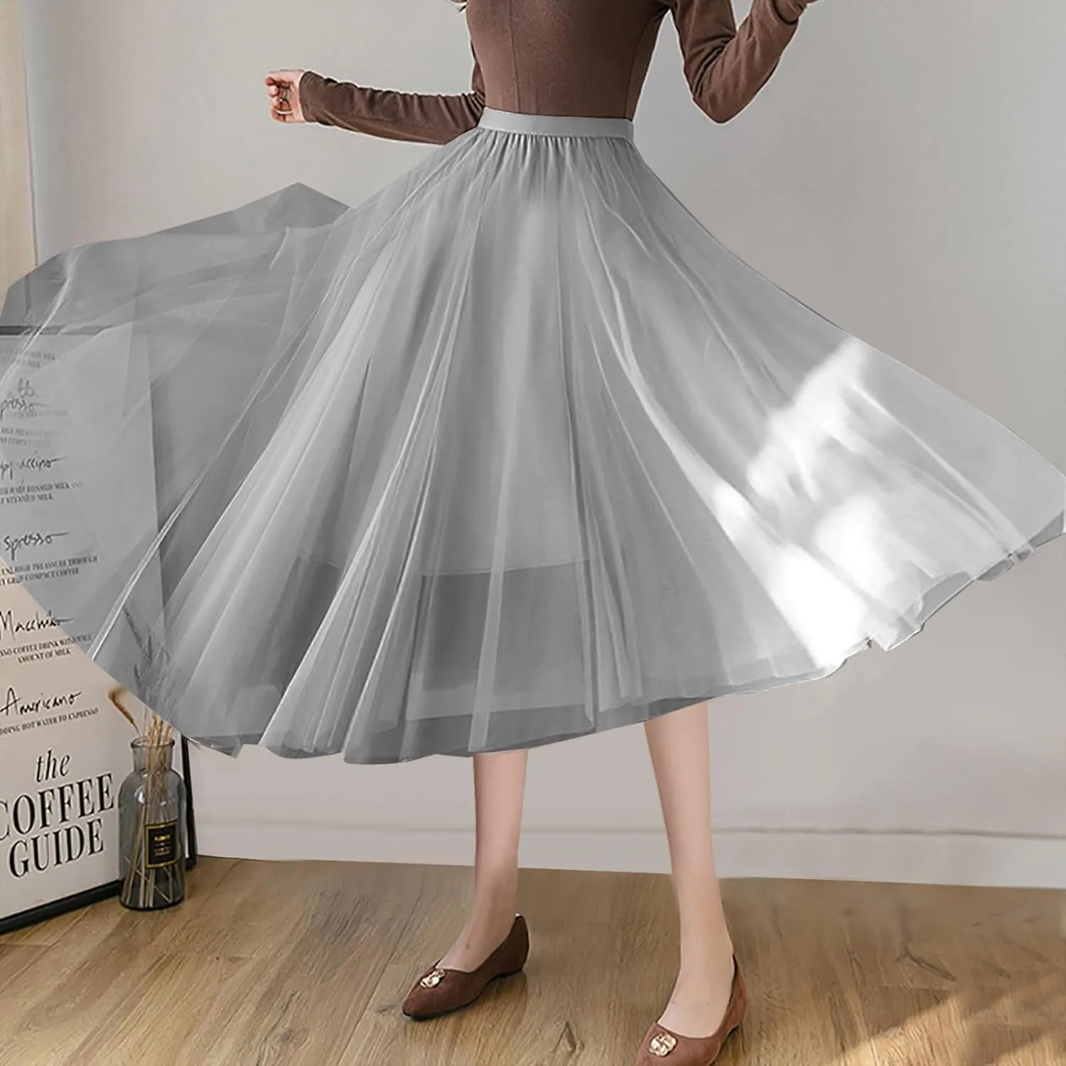 Tulle Skirts for Women Pleated Layered Tutu Skirt Ladies Elegant Flowy Long Skirts Bridesmaid Wedding Midi Skirt