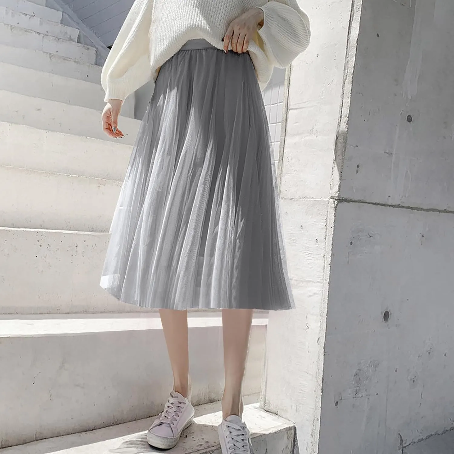 Tulle Skirts for Women Pleated Layered Tutu Skirt Ladies Elegant Flowy Long Skirts Bridesmaid Wedding Midi Skirt