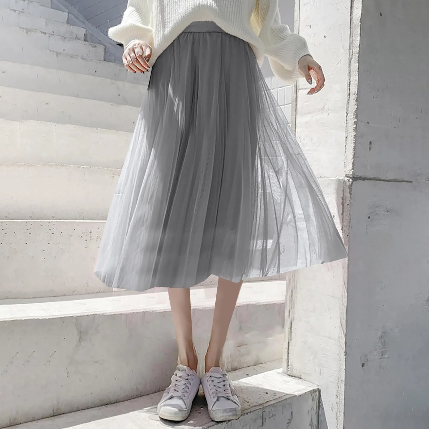 Tulle Skirts for Women Pleated Layered Tutu Skirt Ladies Elegant Flowy Long Skirts Bridesmaid Wedding Midi Skirt