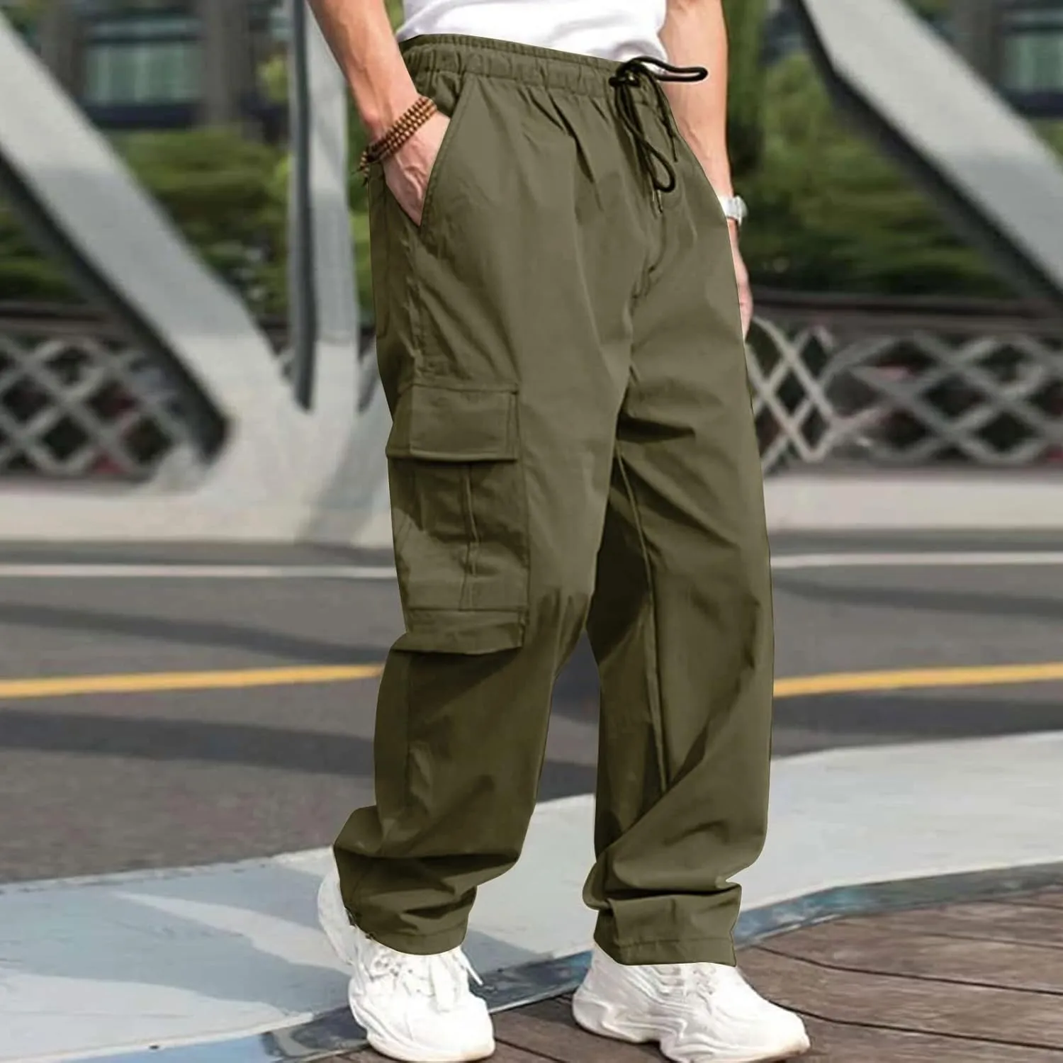 Vickyleb Mens Hiking Cargo Pants Sweatpants Work Drawstring Sports Loose Fit Athletic Joggers Trousers with Pockets