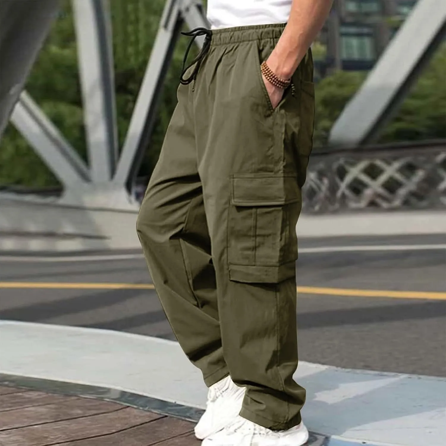 Vickyleb Mens Hiking Cargo Pants Sweatpants Work Drawstring Sports Loose Fit Athletic Joggers Trousers with Pockets