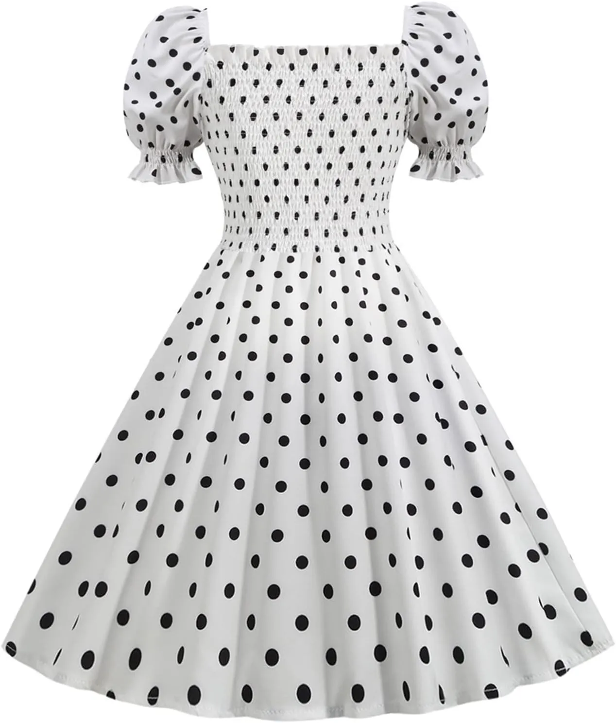Vintage Polka Dot Dress for Women Ruffle Puff Sleeve Smocked Cute A-Line Flowy Swing Dress Hepburn Evening Dresses