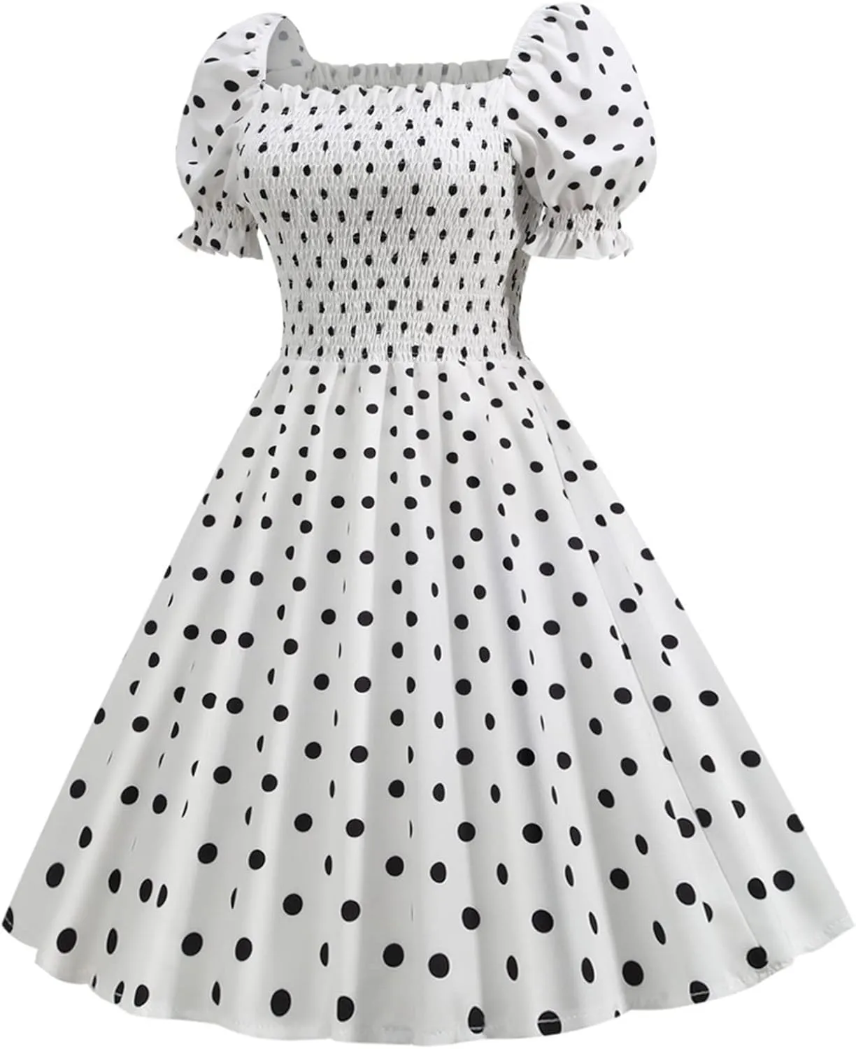 Vintage Polka Dot Dress for Women Ruffle Puff Sleeve Smocked Cute A-Line Flowy Swing Dress Hepburn Evening Dresses