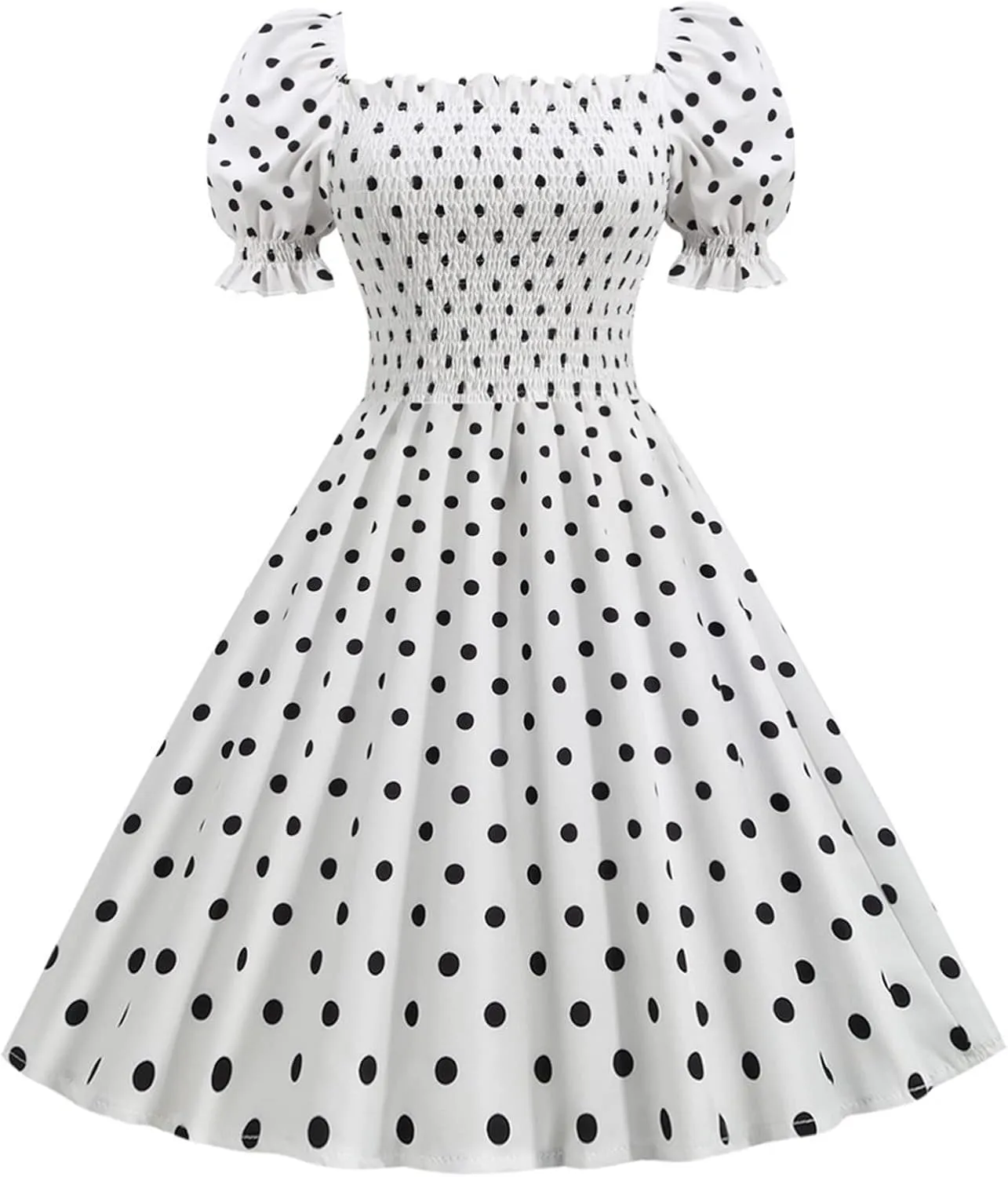 Vintage Polka Dot Dress for Women Ruffle Puff Sleeve Smocked Cute A-Line Flowy Swing Dress Hepburn Evening Dresses