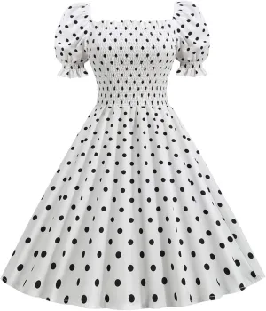 Vintage Polka Dot Dress for Women Ruffle Puff Sleeve Smocked Cute A-Line Flowy Swing Dress Hepburn Evening Dresses