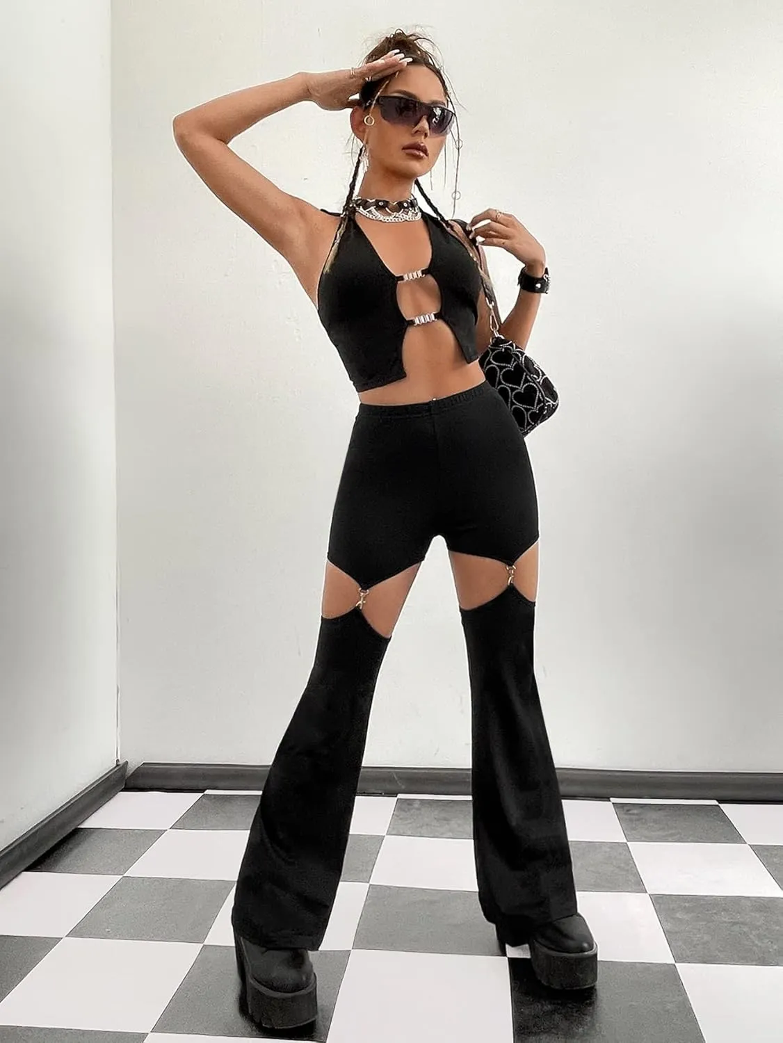 WDIRARA Flare Leggings for Women Cut Out Removable Flare Pants High Waisted Bell Bottom Pants Elastic for Concert Night Out