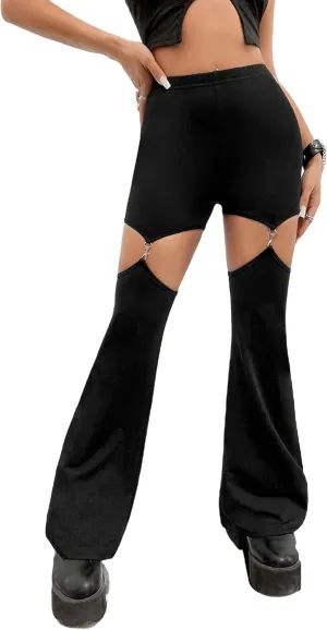 WDIRARA Flare Leggings for Women Cut Out Removable Flare Pants High Waisted Bell Bottom Pants Elastic for Concert Night Out