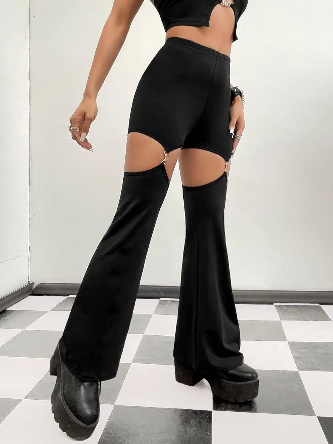 WDIRARA Flare Leggings for Women Cut Out Removable Flare Pants High Waisted Bell Bottom Pants Elastic for Concert Night Out