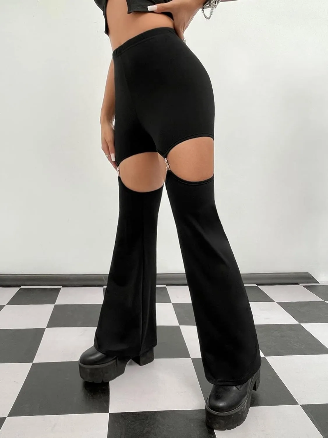 WDIRARA Flare Leggings for Women Cut Out Removable Flare Pants High Waisted Bell Bottom Pants Elastic for Concert Night Out